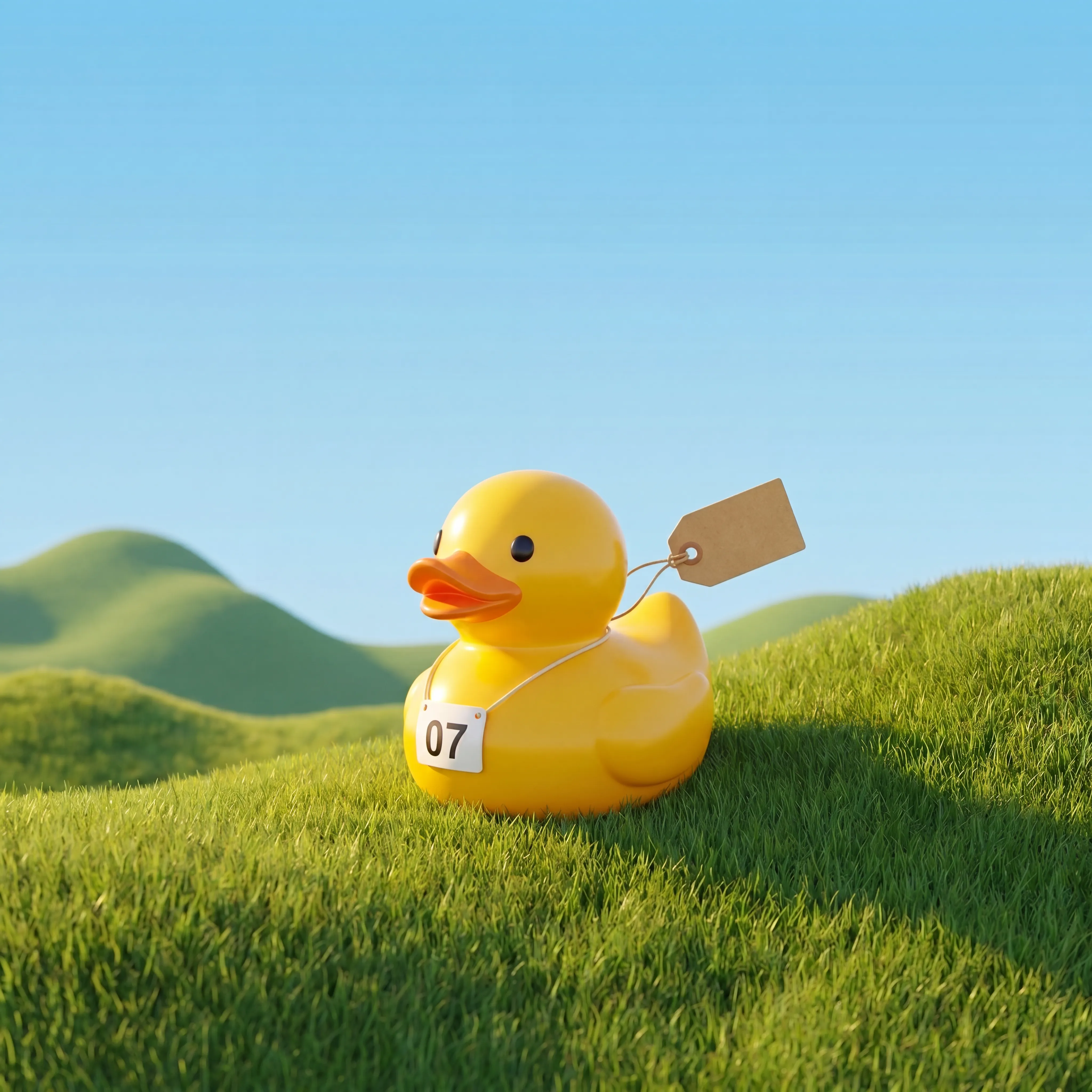 A numbered rubber duck resting on the grass with an adoption tag