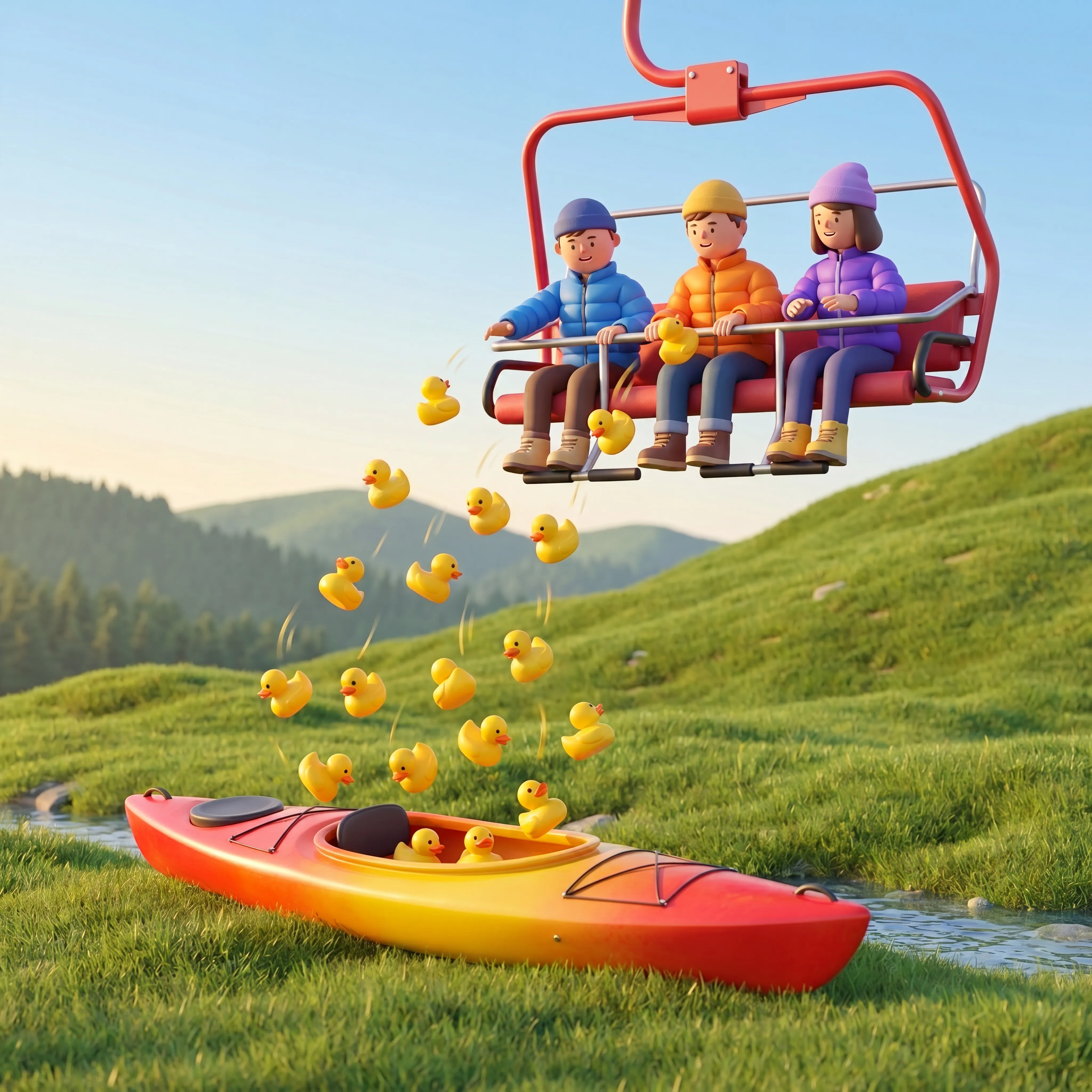 Riders on the chairlift tossing rubber ducks down toward the target below