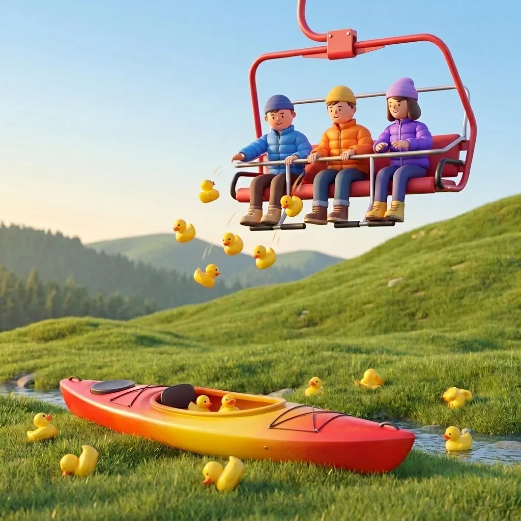 Riders on the chairlift tossing rubber ducks down toward the target below